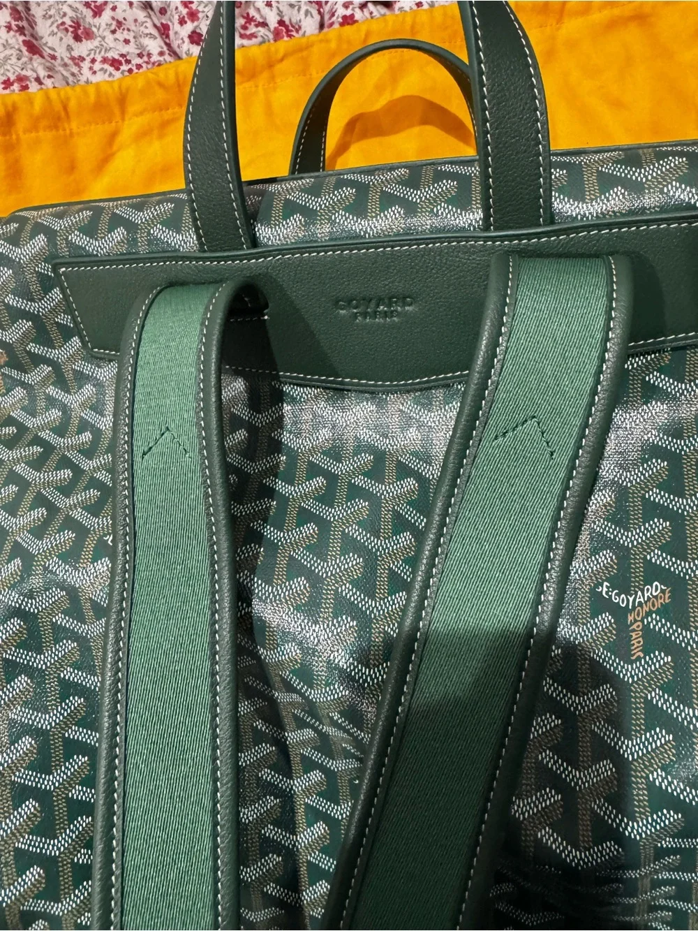 Goyard Green Chevron Canvas Backpack with Leather Trim